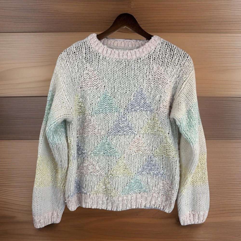 Vintage Hand Knit‎ Sweater M Geometric 80s Pastel Dopamine Lightweight Granny
